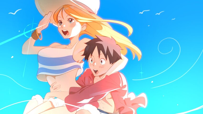 1boy, 1girl, adapted_costume, arm_around_neck, arms_around_another's_waist, bangle, bare_shoulders, bird