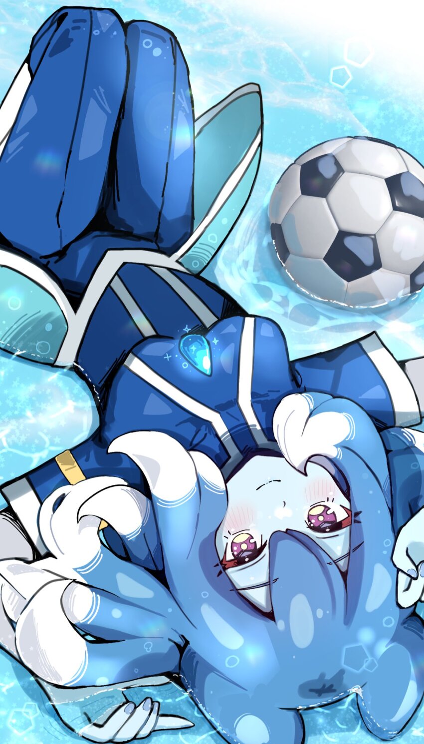 1girl, ball, blue_hair, blue_nails, blue_skin, closed_mouth, colored_skin, highres