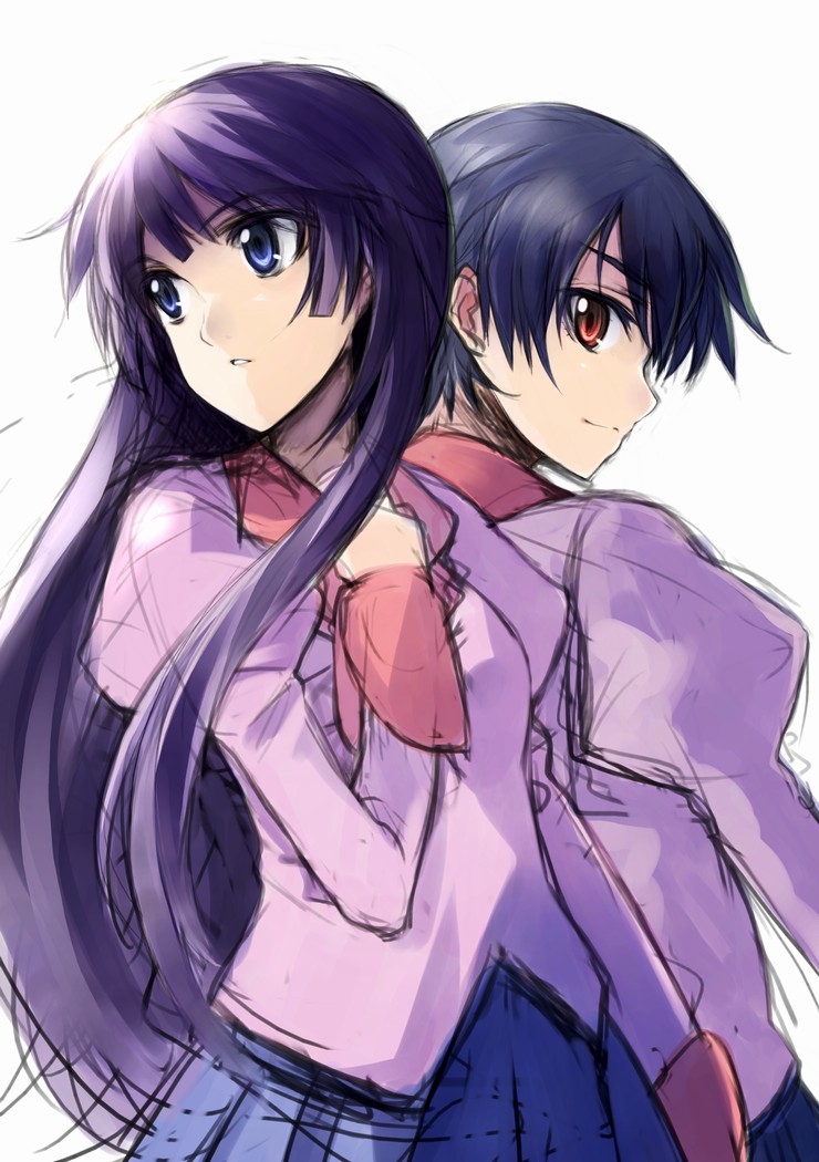 2girls, back-to-back, bakemonogatari, black_hair, blue_eyes, brown_eyes, gojuu_hachishiki, hara_takehito