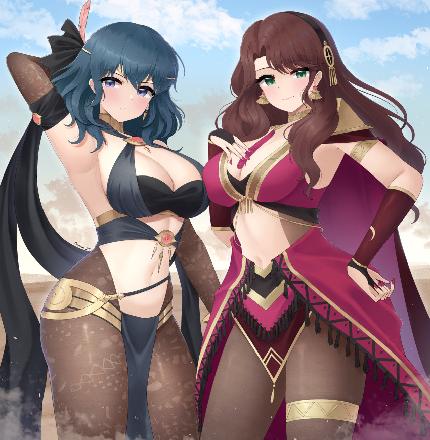 2girls, absurdres, alternate_costume, arm_up, armpits, bare_shoulders, blue_eyes, blue_hair