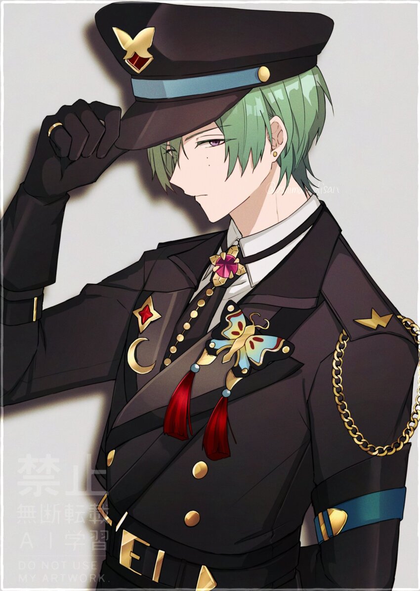 1boy, adjusting_clothes, adjusting_headwear, arm_up, belt, belt_buckle, black_belt, black_gloves