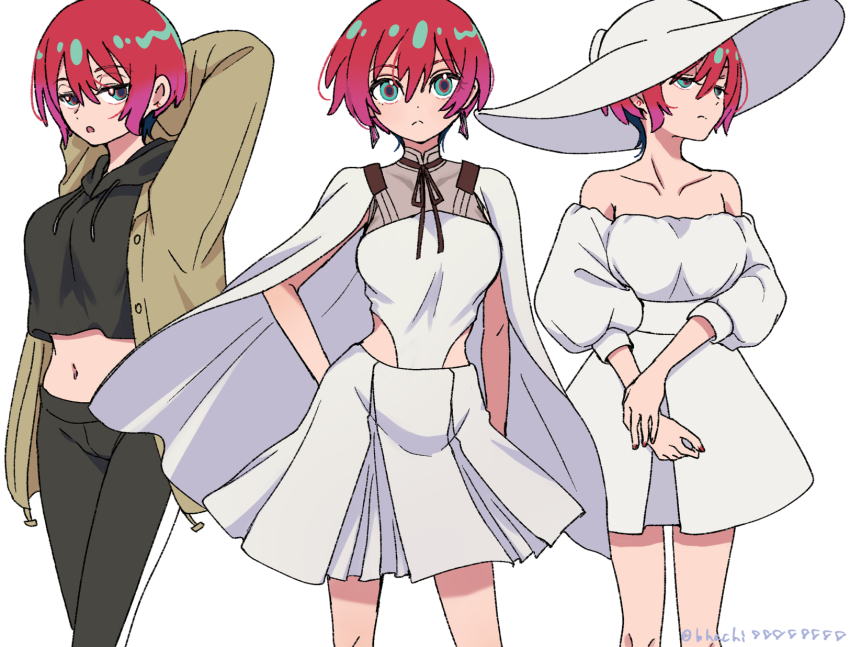 1girl, amate_yuzuriha, aqua_eyes, arms_behind_head, bare_shoulders, bhachi88888888, black_hoodie, black_leggings, breasts, brown_jacket, cape, closed_mouth, commentary_request, cosplay, cropped_hoodie, dress, earrings, feet_out_of_frame, fingernails, gigi_andalusia, gigi_andalusia_(cosplay), gundam, gundam_gquuuuuux, gundam:_hathaway's_flash, hair_between_eyes, hand_on_own_wrist, hat, highres, hood, hoodie, jacket, jewelry, large_breasts, leggings, looking_at_viewer, looking_to_the_side, midriff, multiple_views, nail_polish, navel, off-shoulder_dress, off_shoulder, open_clothes, open_jacket, open_mouth, red_hair, red_nails, short_hair, simple_background, skirt, standing, sun_hat, twitter_username, white_background, white_cape, white_dress, white_hat, white_skirt