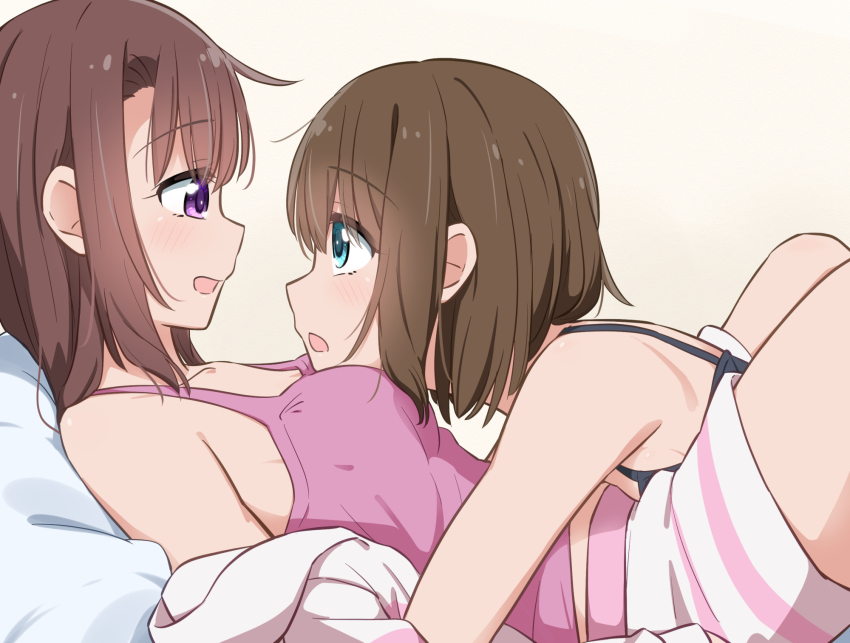 2girls, :d, between_legs, black_camisole, blue_eyes, blush, breasts, brown_background
