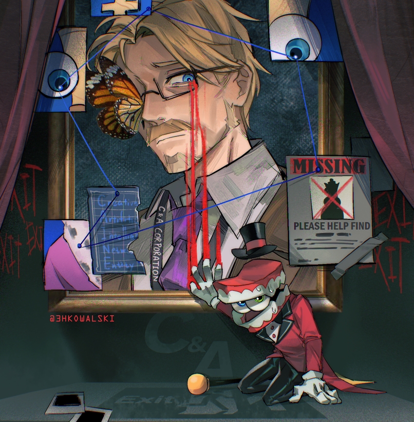 2boys, 3hkowalski, black_pants, blood_trail, blue_eyes, blue_string, brown_suit, bug