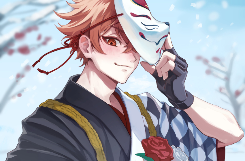 1boy, ace_trappola, ace_trappola_(new_year's_attire), black_gloves, closed_mouth, fingerless_gloves, flower, gloves