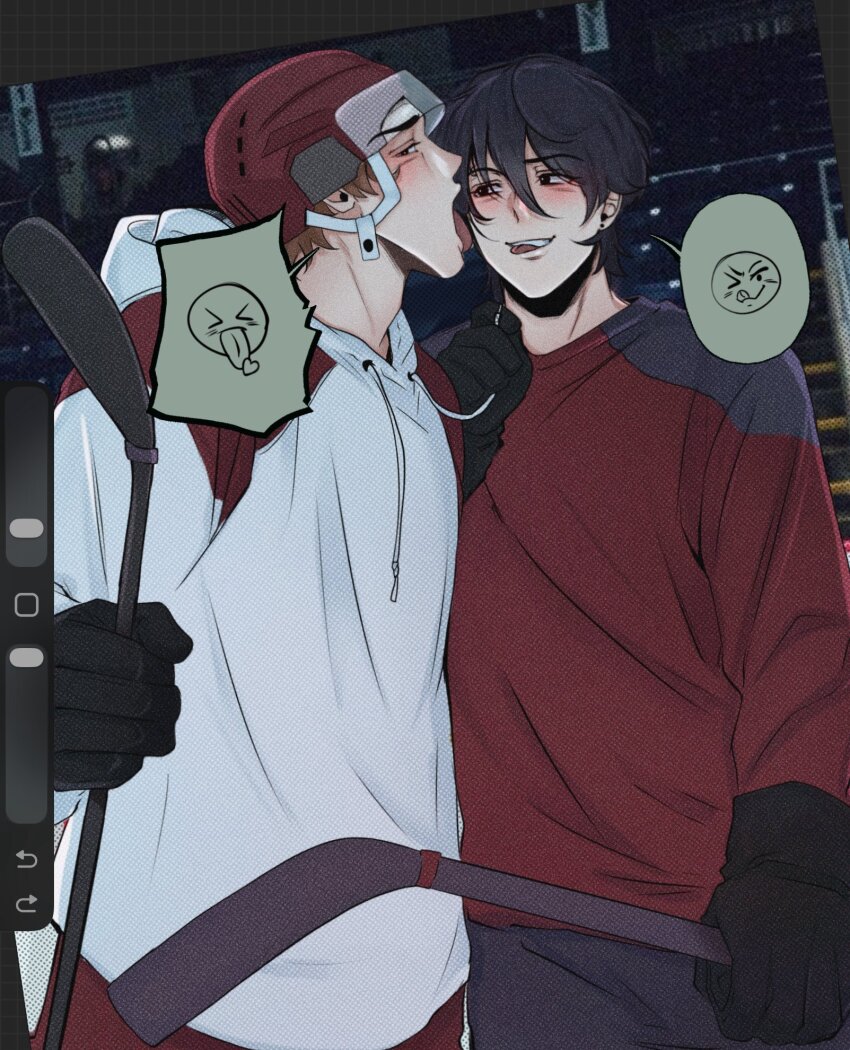 2boys, alternate_costume, alternate_universe, art_program_in_frame, black_hair, blush, genshin_impact, hashtag-only_commentary