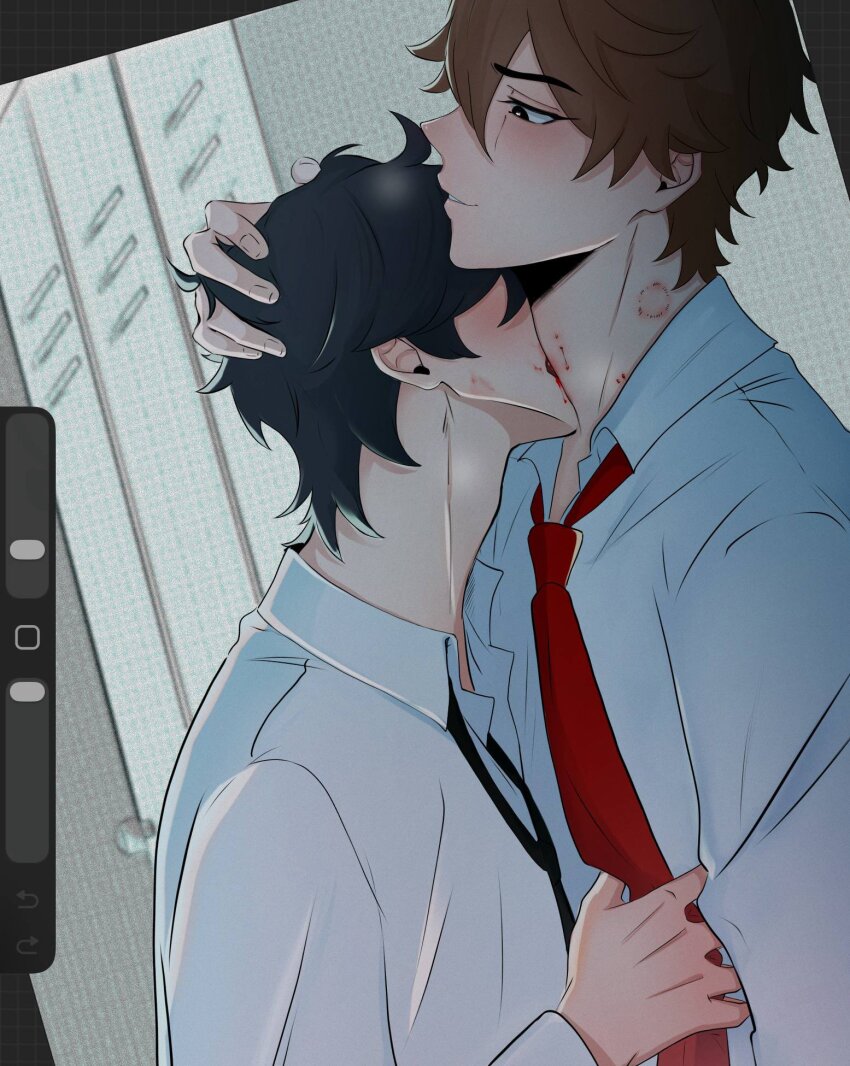 2boys, adam's_apple, alternate_costume, art_program_in_frame, bite_mark, bite_mark_on_neck, biting, black_hair, black_necktie, brown_hair, closed_mouth, collared_shirt, genshin_impact, hashtag-only_commentary, highres, male_focus, multiple_boys, neck_biting, necktie, nemeziiida, parted_lips, red_necktie, scaramouche_(genshin_impact), shirt, short_hair, tartaglia_(genshin_impact), teeth, white_shirt, yaoi
