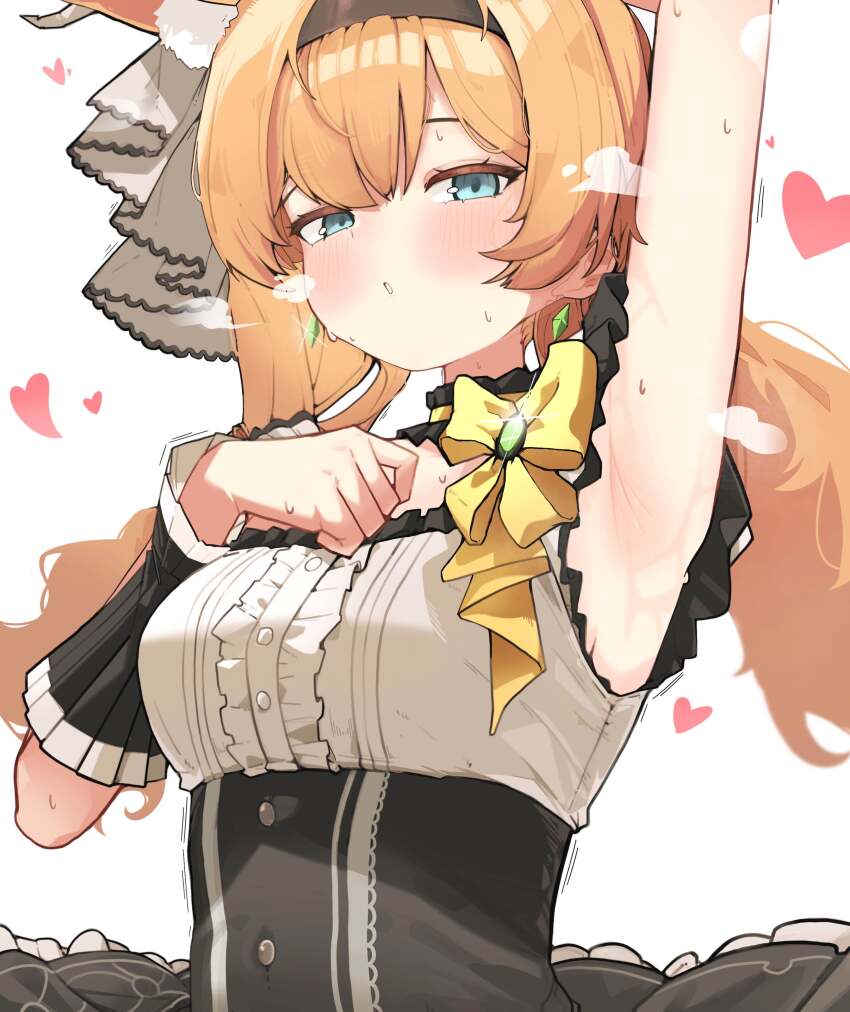 1girl, absurdres, animal_ear_fluff, armpits, black_headband, black_overskirt, blue_archive, choker, commentary_request, dress, ehddb72, flower, fluffy_hair, frilled_choker, frills, grey_dress, hand_on_own_chest, headband, heart, highres, idol, idol_clothes, looking_at_viewer, low_twintails, mari_(blue_archive), mari_(idol)_(blue_archive), mine_(blue_archive), mine_(idol)_(blue_archive), official_alternate_costume, orange_hair, sweat, twintails, wrist_wrap, yellow_flower