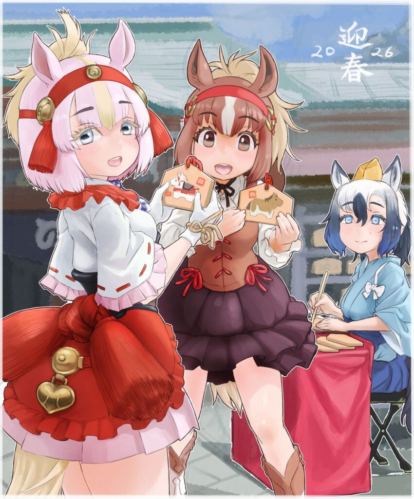 3girls, animal_ears, back, blue_eyes, blue_kimono, boots, brown_eyes, brown_hair