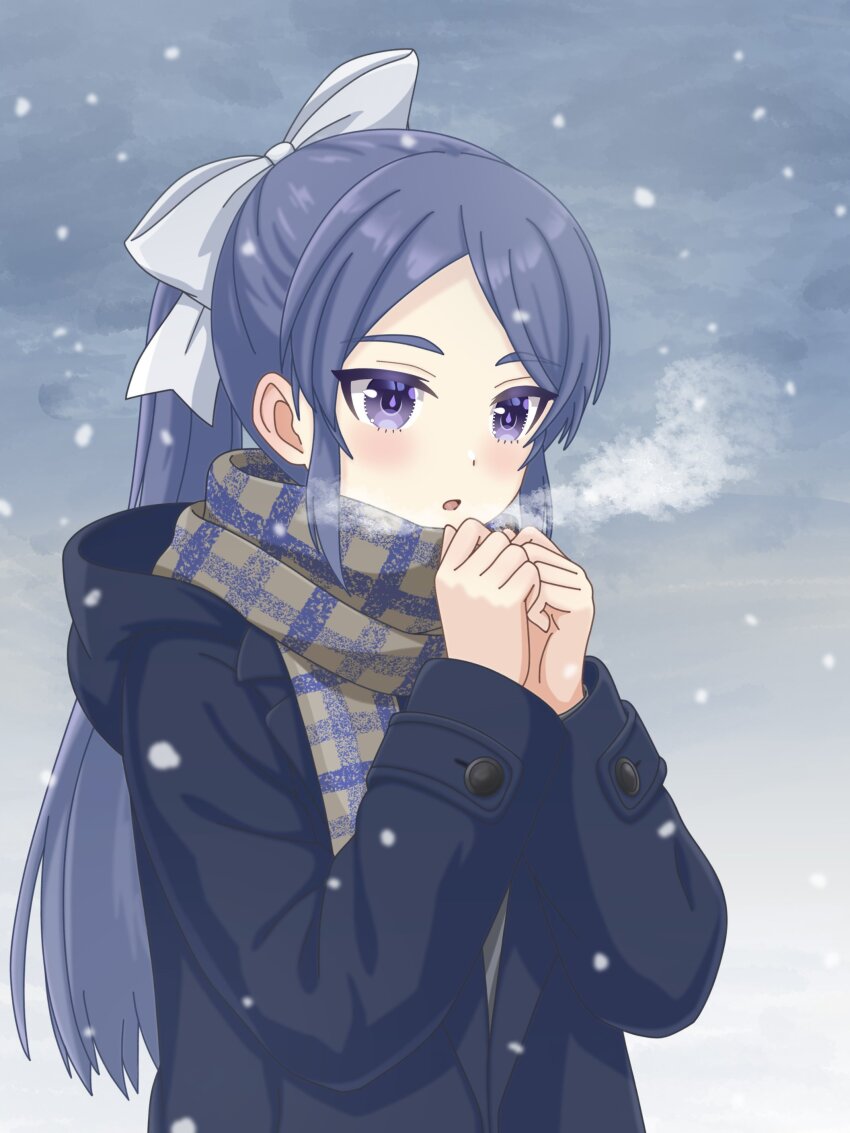 1girl, absurdres, black_coat, blue_hair, bow, breath, checkered_clothes, checkered_scarf