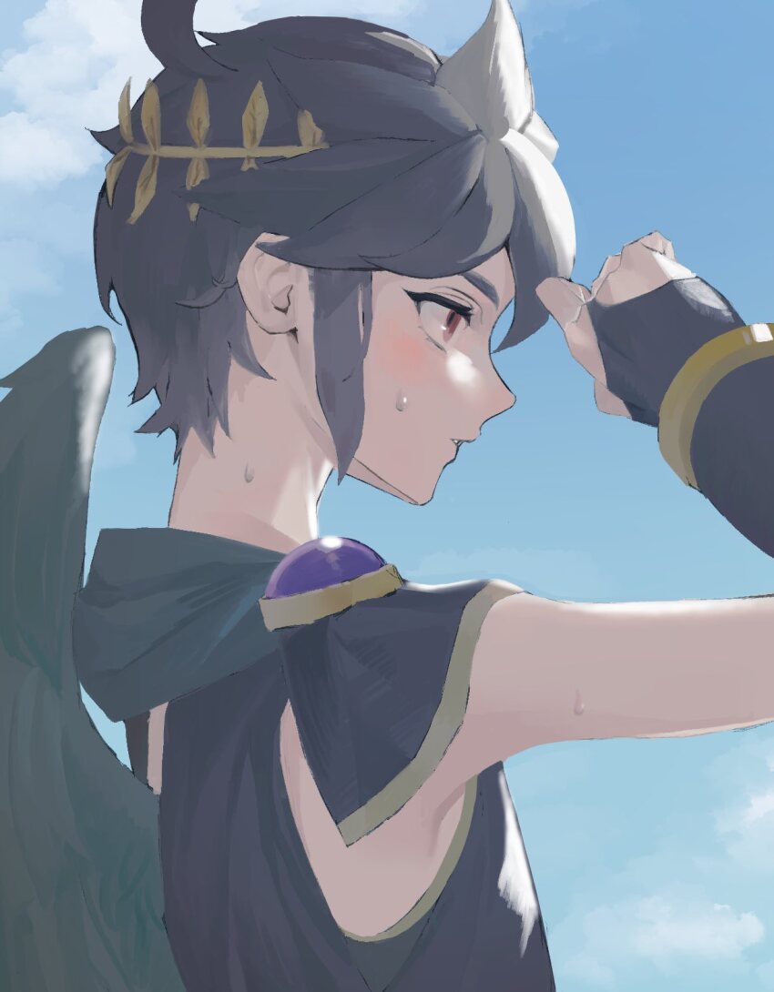 1boy, ahoge, arm_up, black_hair, blue_sky, bracer, closed_mouth, dark_pit