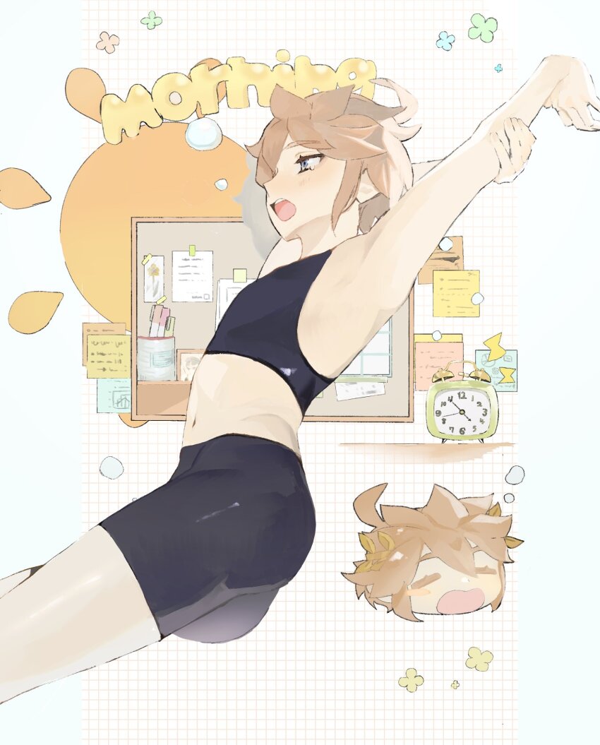 1boy, adapted_costume, ahoge, alarm_clock, armpits, black_shorts, blue_eyes, blush_stickers, brown_hair, chibi, chibi_inset, clock, closed_eyes, colored_eyelashes, crop_top, english_text, flower_symbol, grid_background, highres, kid_icarus, kid_icarus_uprising, laurel_crown, male_focus, midriff, navel, nintendo, open_mouth, pit_(kid_icarus), short_hair, shorts, single_blush_sticker, spiked_hair, stretching, yuuri_snpr