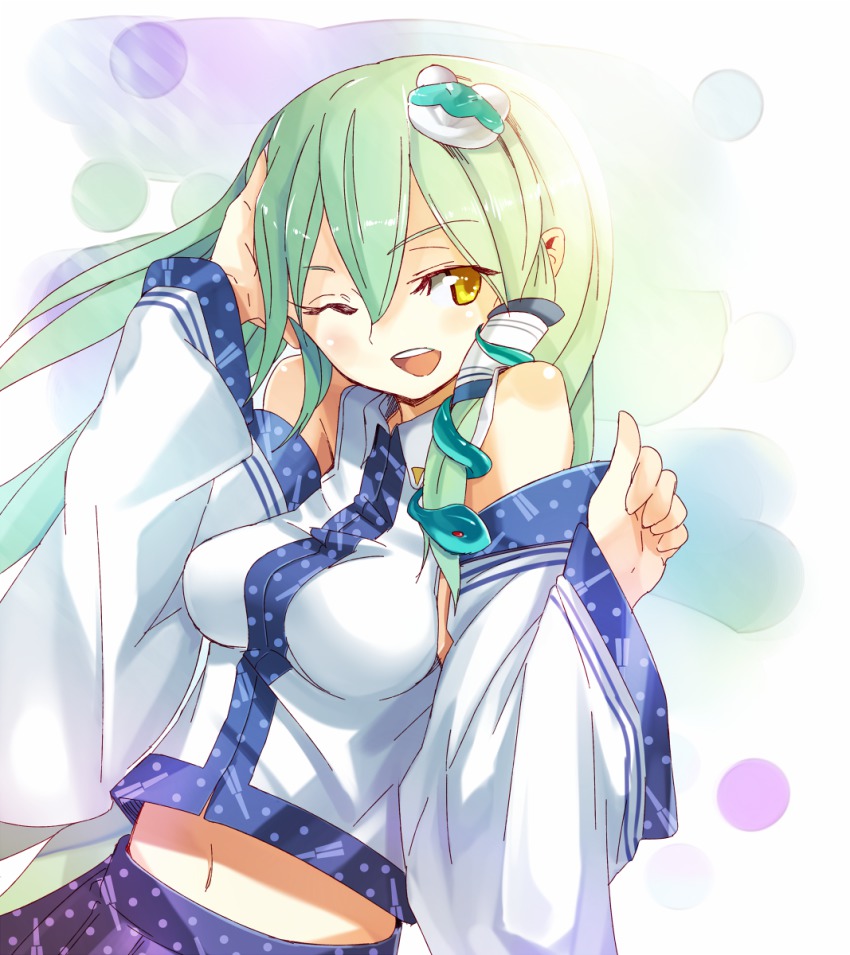 1girl, bare_shoulders, blush, breasts, detached_sleeves, female_focus, frog, green_hair, hair_ornament, hair_tubes, highres, kaw, kochiya_sanae, long_hair, midriff, navel, one_eye_closed, open_mouth, skirt, smile, snake, solo, touhou, wink, yellow_eyes