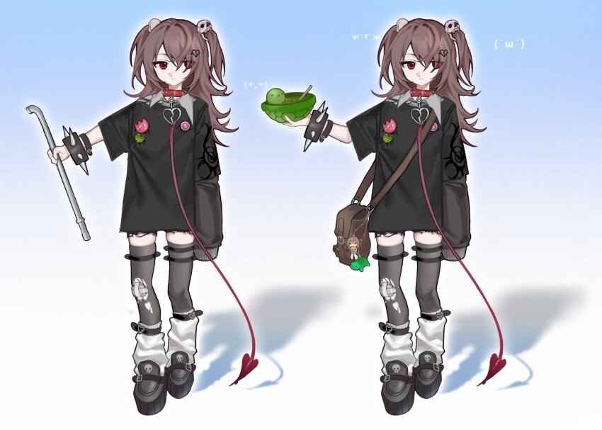 1girl, animal_collar, bag, belt, black_shirt, black_shoes, black_thighhighs, bracelet, broken_heart, broken_heart_hair_ornament, closed_mouth, collar, commentary, english_commentary, evil_neuro-sama, full_body, hair_ornament, hair_over_one_eye, heart, highres, holding, holding_lead_pipe, jewelry, lead_pipe, leg_warmers, long_hair, long_sleeves, multiple_views, neuro-sama, platform_shoes, red_collar, red_eyes, rumi_(cytrumi), shirt, shoe_belt, shoes, shorts, shoulder_bag, skull_hair_ornament, spiked_bracelet, spikes, standing, thigh_belt, thigh_strap, thighhighs, two_side_up, vedal_ai, virtual_youtuber, white_leg_warmers