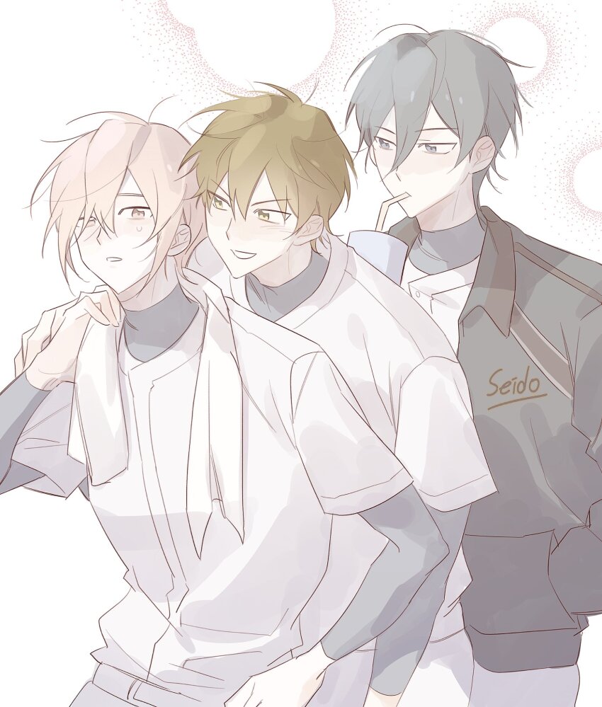 3boys, ace_of_diamond, baseball_uniform, black_hair, blush, drinking_straw, furuya_satoru, green_hair, hand_in_pocket, hashtag-only_commentary, highres, hjok_l, kominato_haruichi, looking_at_another, looking_at_viewer, male_focus, multiple_boys, pink_hair, sawamura_eijun, short_hair, sportswear, upper_body