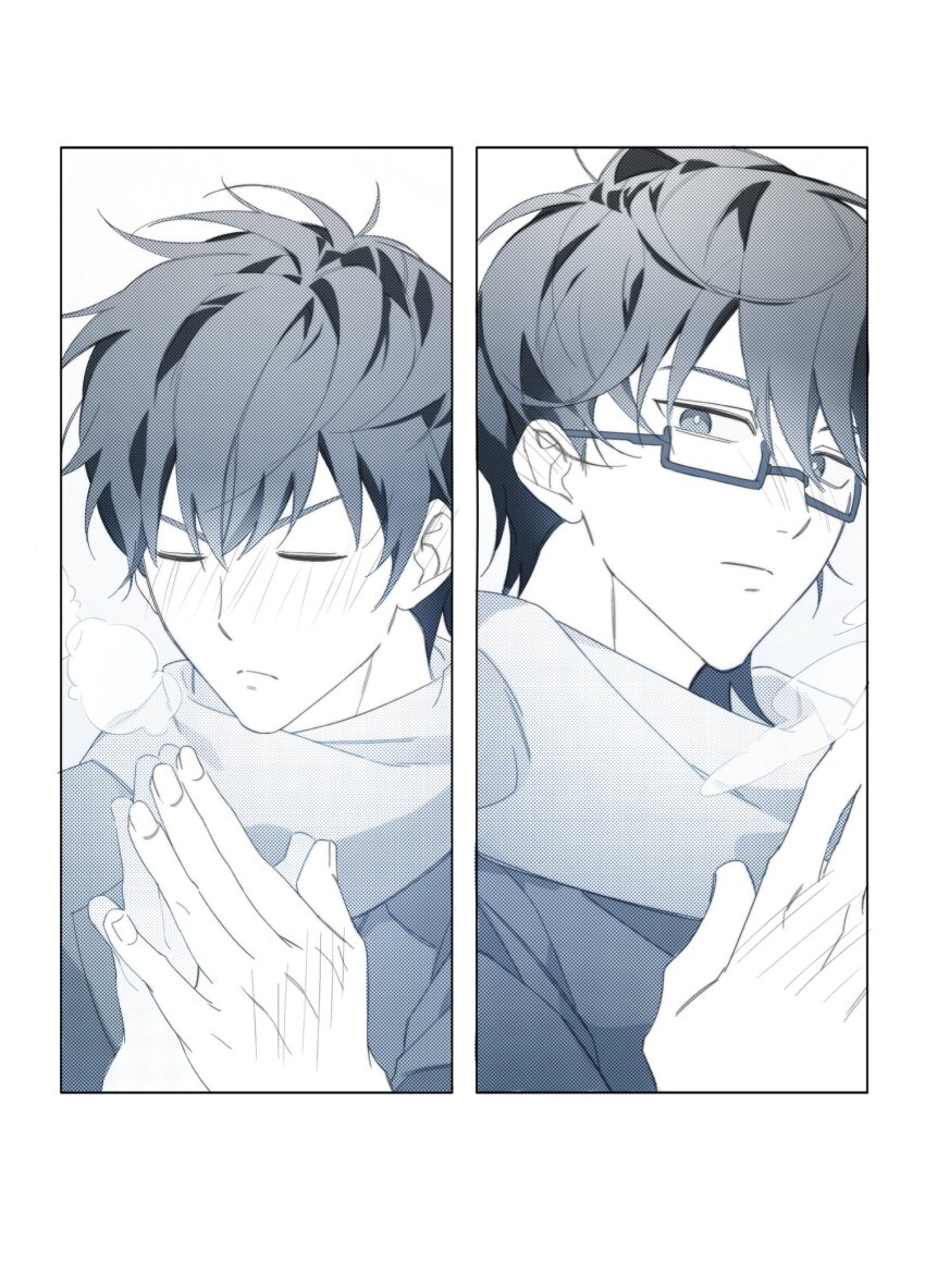2boys, ace_of_diamond, blush, border, breasts, closed_eyes, closed_mouth, glasses