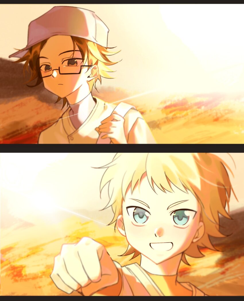 2boys, ace_of_diamond, aged_down, baseball_cap, blonde_hair, blue_eyes, brown_eyes, brown_hair