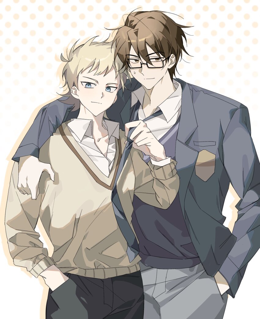 2boys, ace_of_diamond, arm_on_another's_shoulder, black_pants, blazer, blonde_hair, blue_eyes, blue_necktie