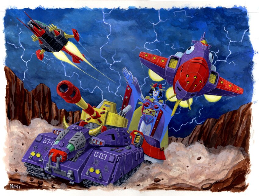 aircraft, artist_name, cloud, cloudy_sky, commentary_request, cow_horns, dust, flying, geisha, geisha_robo, highres, horns, lightning, mecha, military_vehicle, mizutani_kenta, motor_vehicle, nihongami, no_humans, open_mouth, outdoors, robot, sashimi_marine, science_fiction, sky, sukiyaki_tank, tank, tempura_fly, tengai_makyou, tengai_makyou_daiyon_no_mokushiroku, vehicle_focus, yellow_eyes