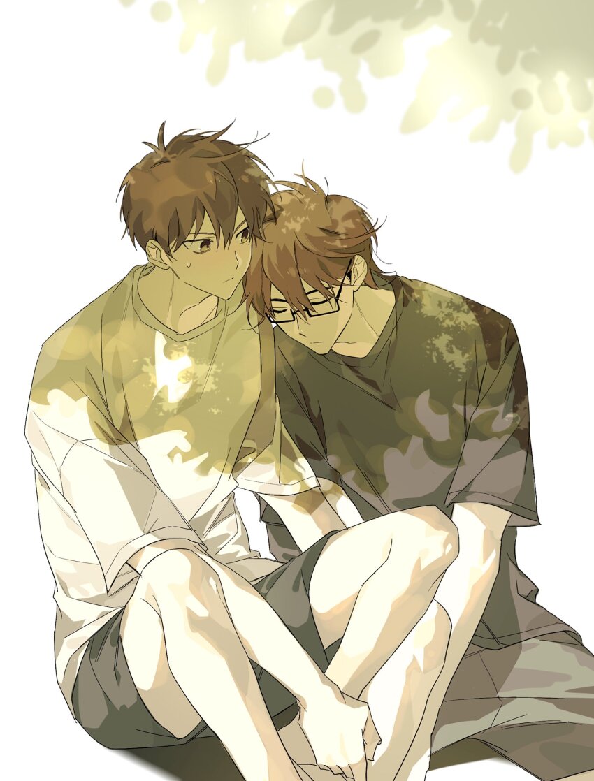 2boys, ace_of_diamond, black-framed_eyewear, black_shirt, black_shorts, brown_hair, closed_eyes, closed_mouth