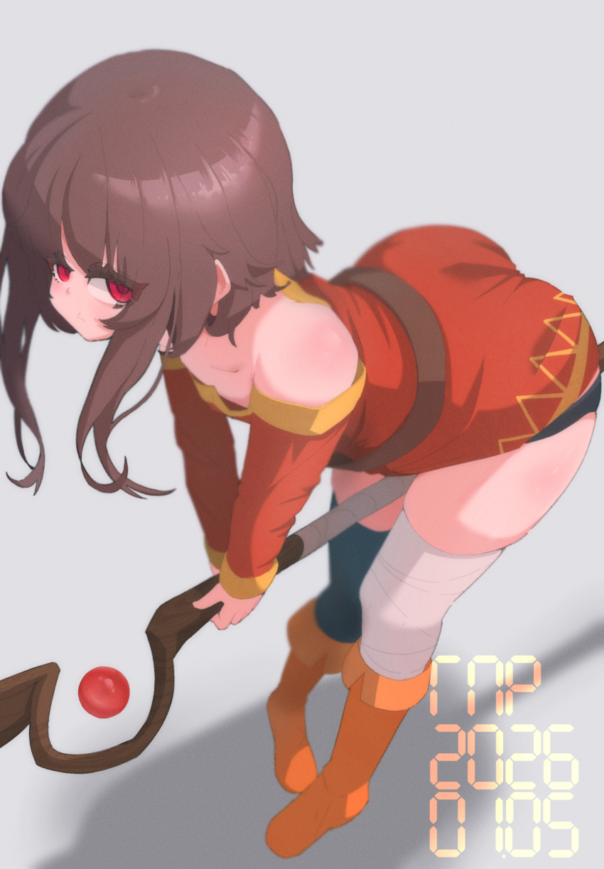 1girl, ankle_boots, ass, asymmetrical_legwear, bandaged_leg, bandages, bare_shoulders, belt, bent_over, between_legs, black_panties, black_thighhighs, boots, brown_hair, collarbone, commentary, dated, dress, full_body, grey_background, highres, holding, holding_staff, kono_subarashii_sekai_ni_shukufuku_wo!, loli, looking_at_viewer, looking_up, mage_staff, megumin, mochpote, off-shoulder_dress, off_shoulder, orange_boots, panties, pout, red_dress, red_eyes, short_dress, short_hair_with_long_locks, solo, staff, standing, thighhighs, underwear