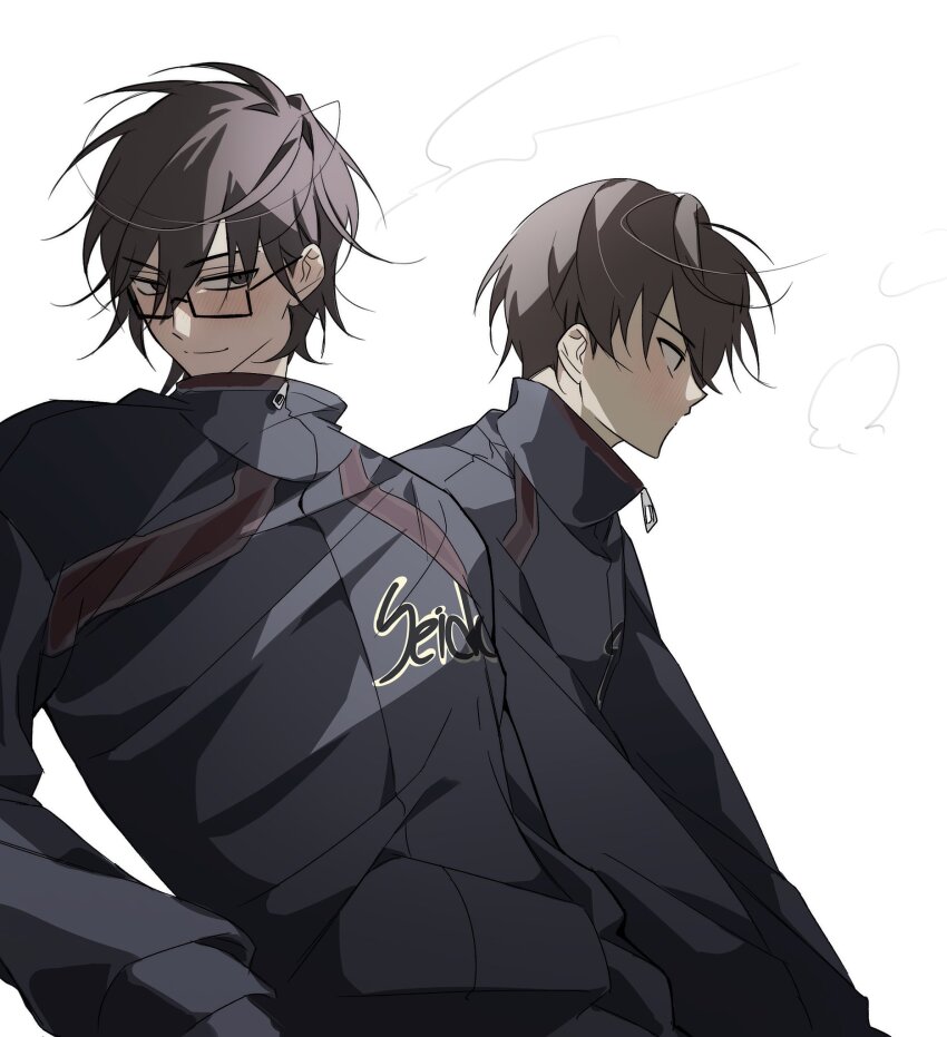 2boys, ace_of_diamond, black-framed_eyewear, blush, brown_hair, commentary, glasses, high_collar