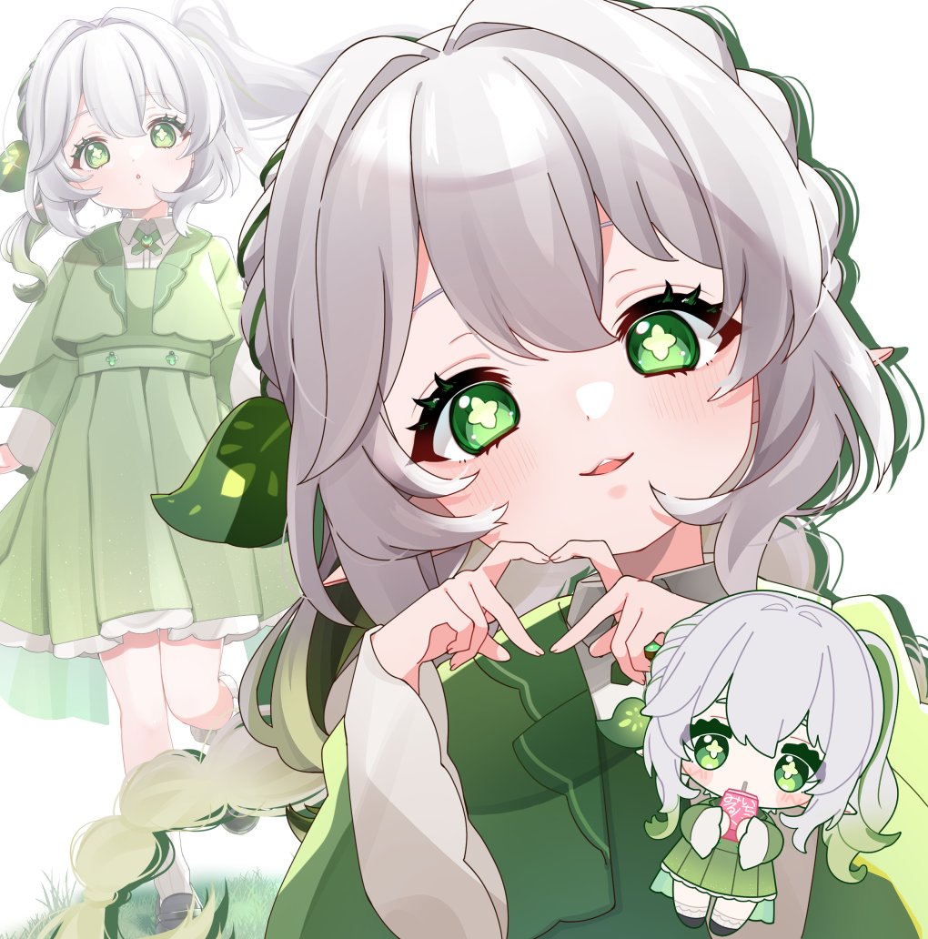 1girl, alternate_costume, alternate_hair_length, alternate_hairstyle, blush, braid, chibi, commentary_request