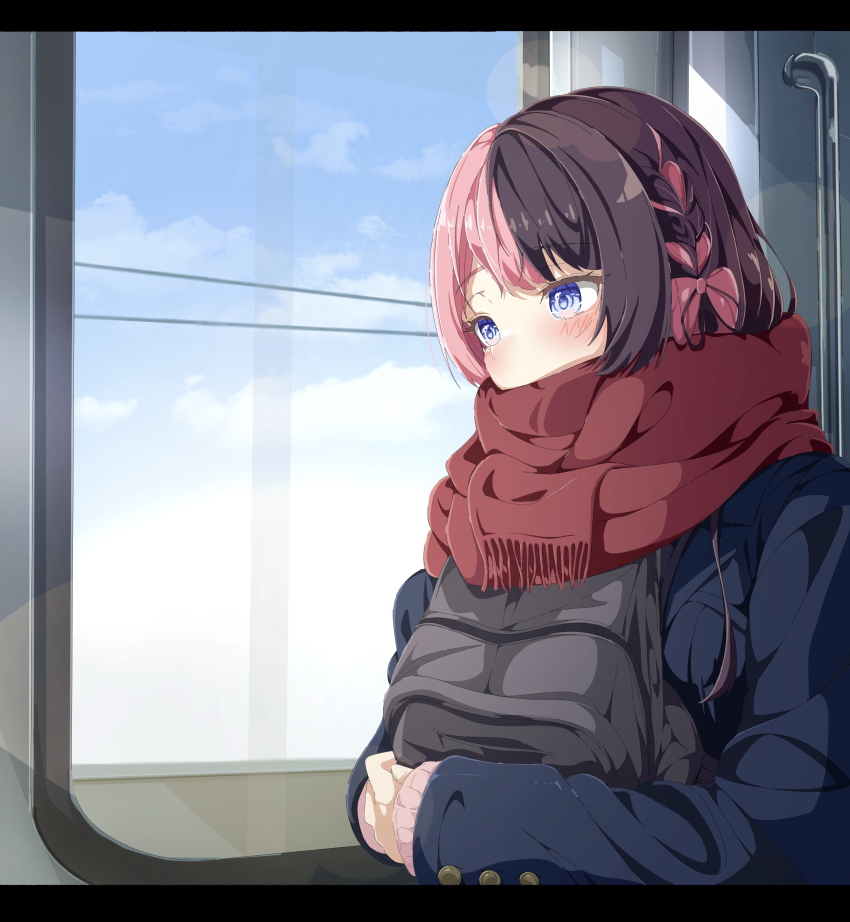 1girl, absurdres, alternate_costume, backpack, bag, black_bag, black_hair, blue_coat, blue_eyes, bow, braid, coat, cogiyamasan, commentary_request, covered_mouth, day, enpera, hair_bow, highres, holding, holding_bag, long_sleeves, multicolored_hair, pink_bow, pink_hair, red_scarf, scarf, scarf_over_mouth, sleeves_past_wrists, solo, tachibana_hinano, train_interior, two-tone_hair, upper_body, virtual_youtuber, vspo!