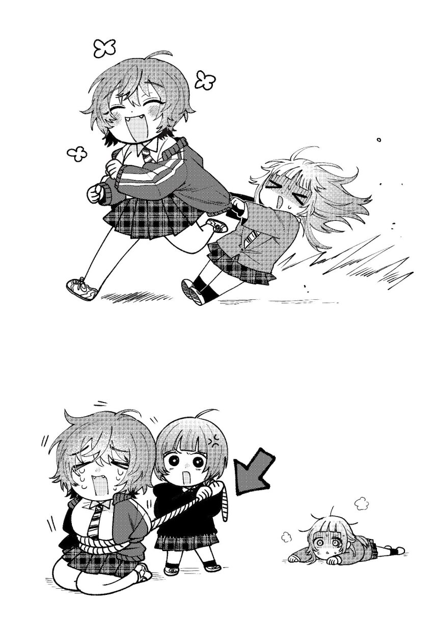 3girls, black_hoodie, blush, bound, bound_arms, checkered_clothes, checkered_skirt, closed_eyes, greyscale, happy, harekawa_shinta, highres, hood, hoodie, kneeling, konoura_urara, lying, momose_akira_(hatsukoi), momose_akira_no_hatsukoi_hatan_chuu., monochrome, multiple_girls, necktie, on_stomach, onimai_meimei, open_mouth, running, school_uniform, shirt, simple_background, skirt, smile, striped_clothes, striped_necktie, white_background, white_shirt