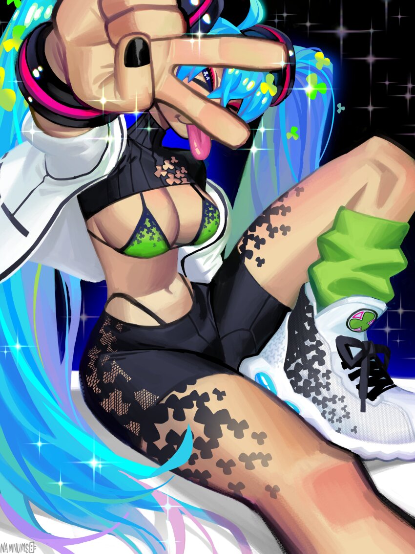 >_<, absurdres, alternate_costume, bikini, bikini_top_only, black_nails, black_shrug, blending