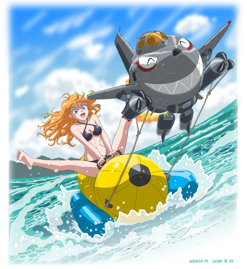 1girl, ^_^, aircraft, airplane, amron_(robopon), artist_name, bare_arms, bare_legs
