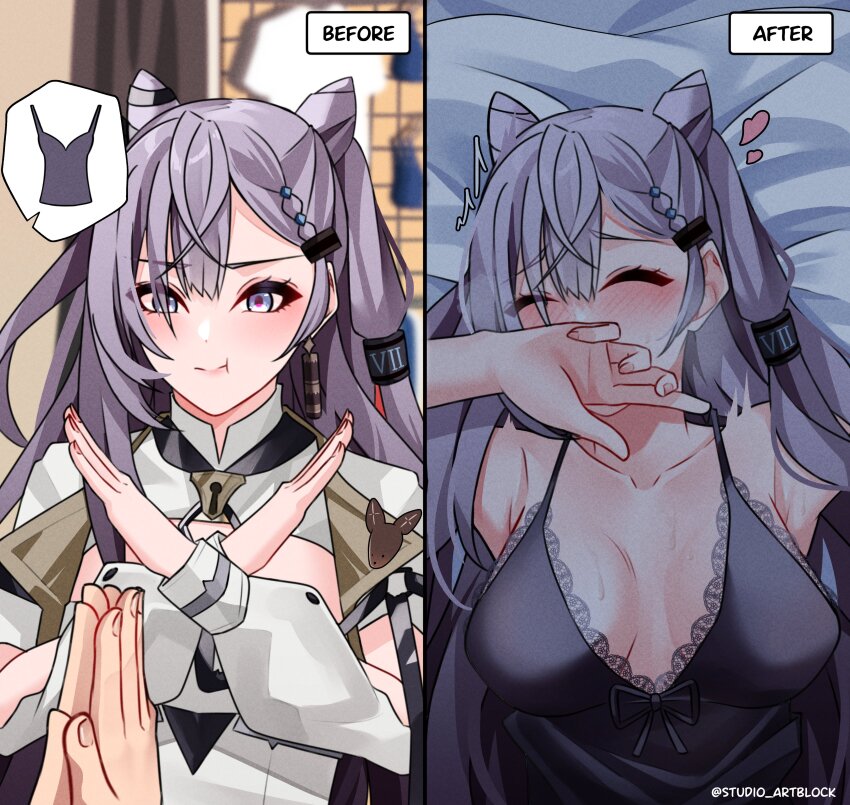 1girl, absurdres, bed_sheet, blanc_(studio_artblock), blue_eyes, blush, commentary, cone_hair_bun