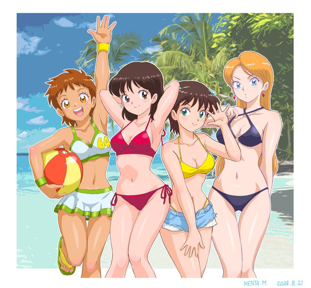 4girls, adjusting_clothes, adjusting_swimsuit, amron_(robopon), arm_behind_back, arm_up, arms_behind_head, arms_up, artist_name, ball, bare_arms, bare_legs, beach, beachball, bikini, bikini_bottom_under_shorts, bikini_skirt, bikini_under_clothes, black_bikini, blonde_hair, blue_eyes, blue_shorts, blue_sky, border, breasts, brown_eyes, brown_hair, cleavage, closed_mouth, commentary_request, criss-cross_halter, dark-skinned_female, dark_skin, dated, earrings, feet_out_of_frame, flip-flops, foot_out_of_frame, green_eyes, hair_ornament, halterneck, hand_up, holding, holding_ball, holding_beachball, jewelry, leg_up, long_hair, medium_breasts, micro_shorts, mikachi_(robopon), mizutani_kenta, multiple_girls, navel, o-ring, o-ring_bikini, open_mouth, outdoors, photo_background, red_bikini, reina_(robopon), robot_ponkottsu, rol_(robopon), sandals, short_hair, shorts, side-tie_bikini_bottom, sky, smile, standing, stomach, swimsuit, teeth, thigh_gap, upper_teeth_only, waving, white_bikini, white_border, wristband, yellow_bikini