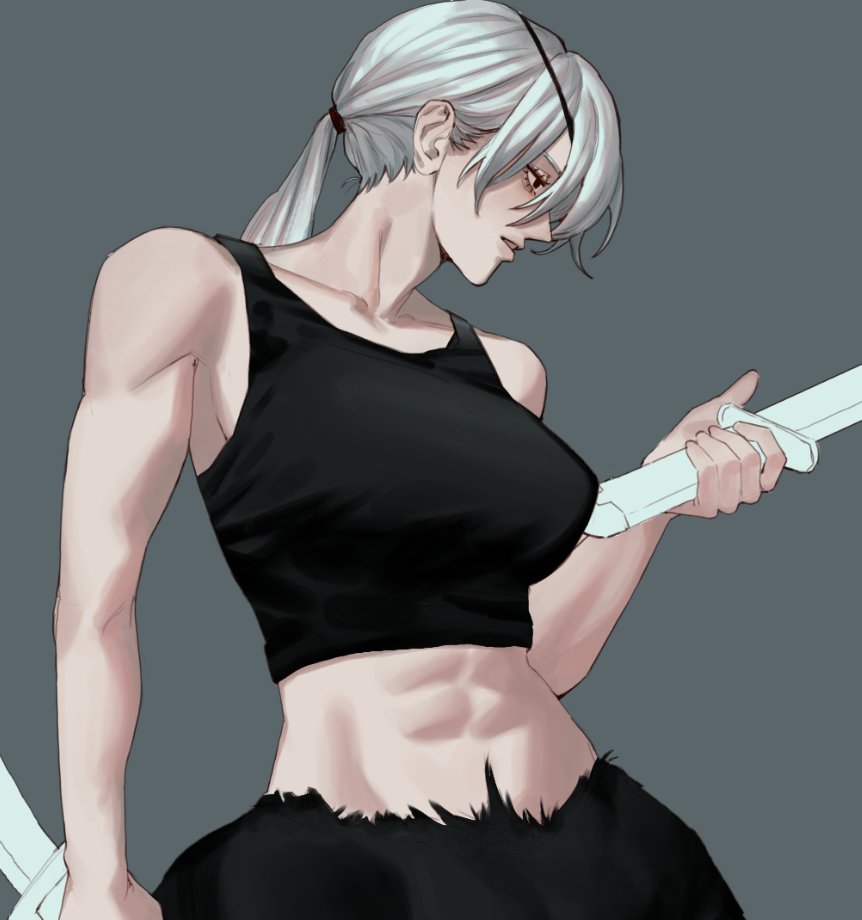 1girl, abs, artukolatte, breasts, chainsaw_man, crop_top, holding, holding_sword