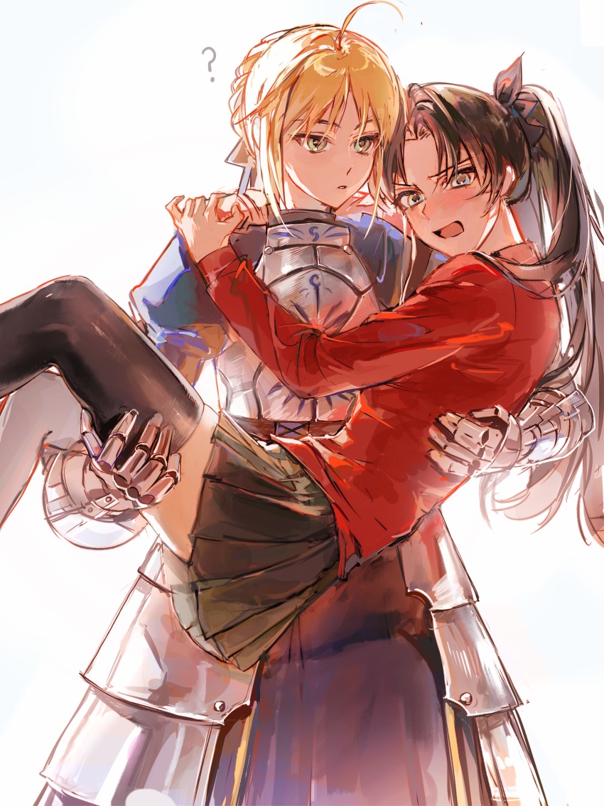 2girls, ?, absurdres, ahoge, armor, armored_dress, artoria_pendragon_(fate), black_hair, black_skirt, black_thighhighs, blonde_hair, blue_dress, blush, carrying, chinese_commentary, commentary_request, confused, couple, dress, embarrassed, fate/grand_order, fate/stay_night, fate_(series), green_eyes, hair_bun, hair_up, hands_on_another's_shoulders, head_on_another's_shoulder, head_tilt, highres, long_sleeves, looking_at_viewer, looking_down, looking_to_the_side, multiple_girls, nanfangtaodong, open_mouth, parted_bangs, parted_lips, princess_carry, puffy_long_sleeves, puffy_sleeves, red_shirt, saber_(fate), shirt, shy, skirt, thighhighs, tohsaka_rin, twintails, yuri