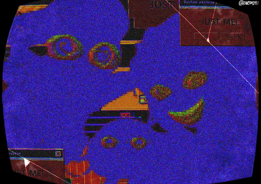 1boy, 1girl, 1other, caine_(the_amazing_digital_circus), cracked_screen, crossover, doki_doki_literature_club, error_message, glitch, horror_(theme), kinito_the_axolotl, kinitopet, microsoft_windows, monika_(doki_doki_literature_club), monitor, multiple_crossover, nwe07271, silhouette, smile, the_amazing_digital_circus, trait_connection, user_interface