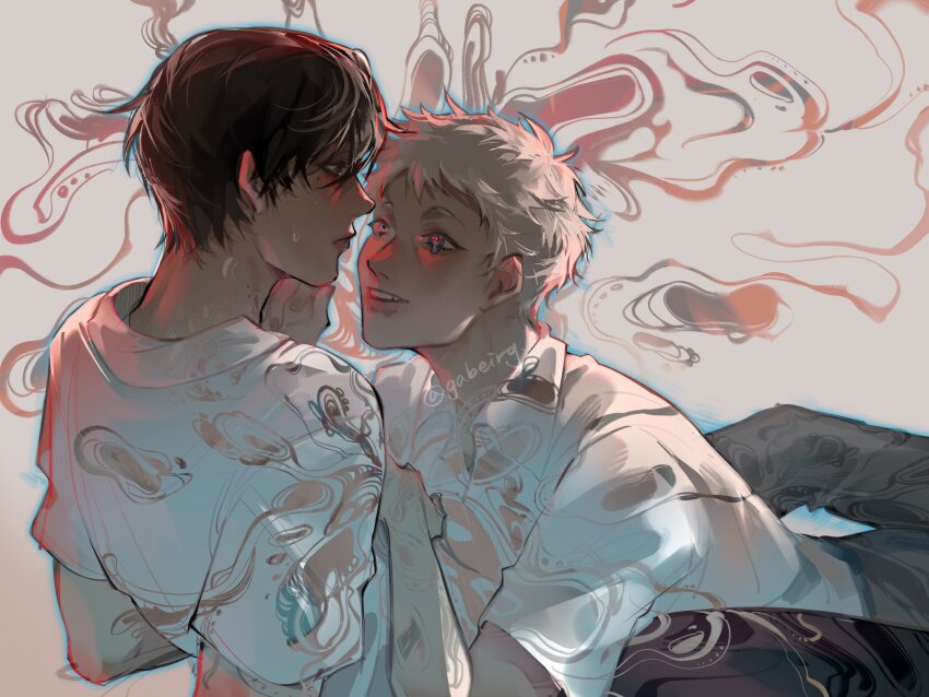 2boys, absurdres, black_hair, body_horror, closed_mouth, collared_shirt, commentary, english_commentary