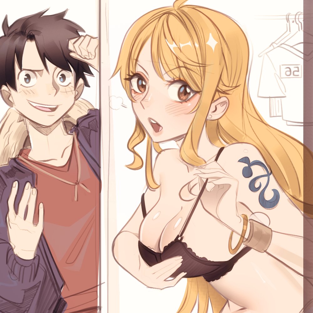 1boy, 1girl, bangle, bare_shoulders, black_bra, black_hair, black_jacket, blush