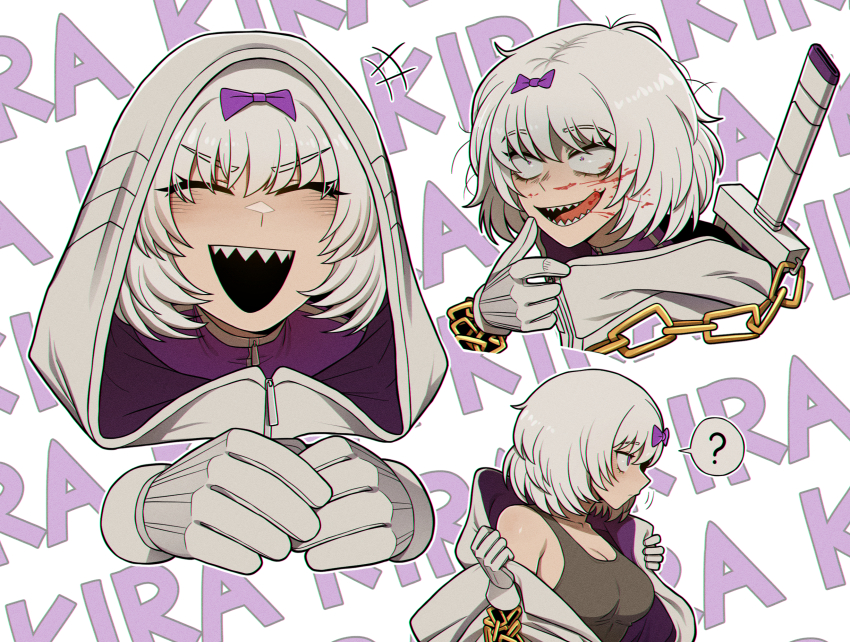 1girl, ?, blood, blood_on_face, bow, chain, closed_eyes, commentary_request