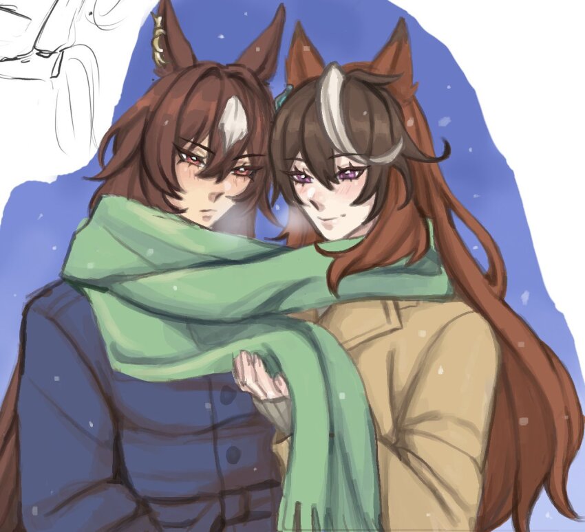 2girls, animal_ears, blue_coat, blush, brown_coat, brown_hair, closed_mouth, coat