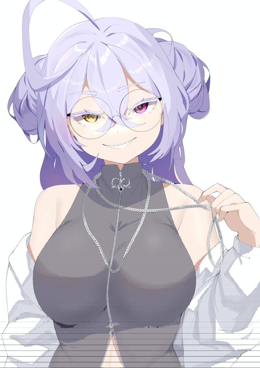 1girl, ahoge, alternate_costume, bare_shoulders, breasts, chain, chain_necklace, chromashift