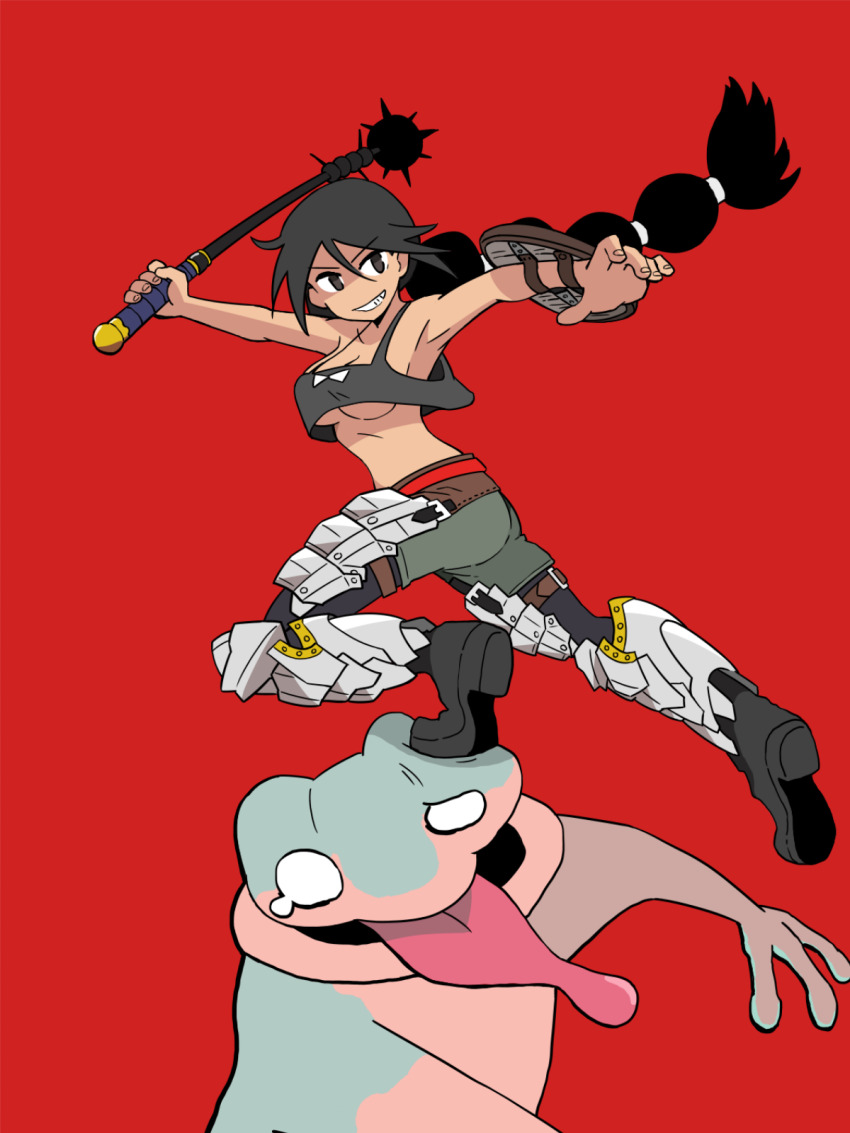 1girl, black_boots, black_eyes, black_hair, black_tank_top, boots, breasts, commentary_request