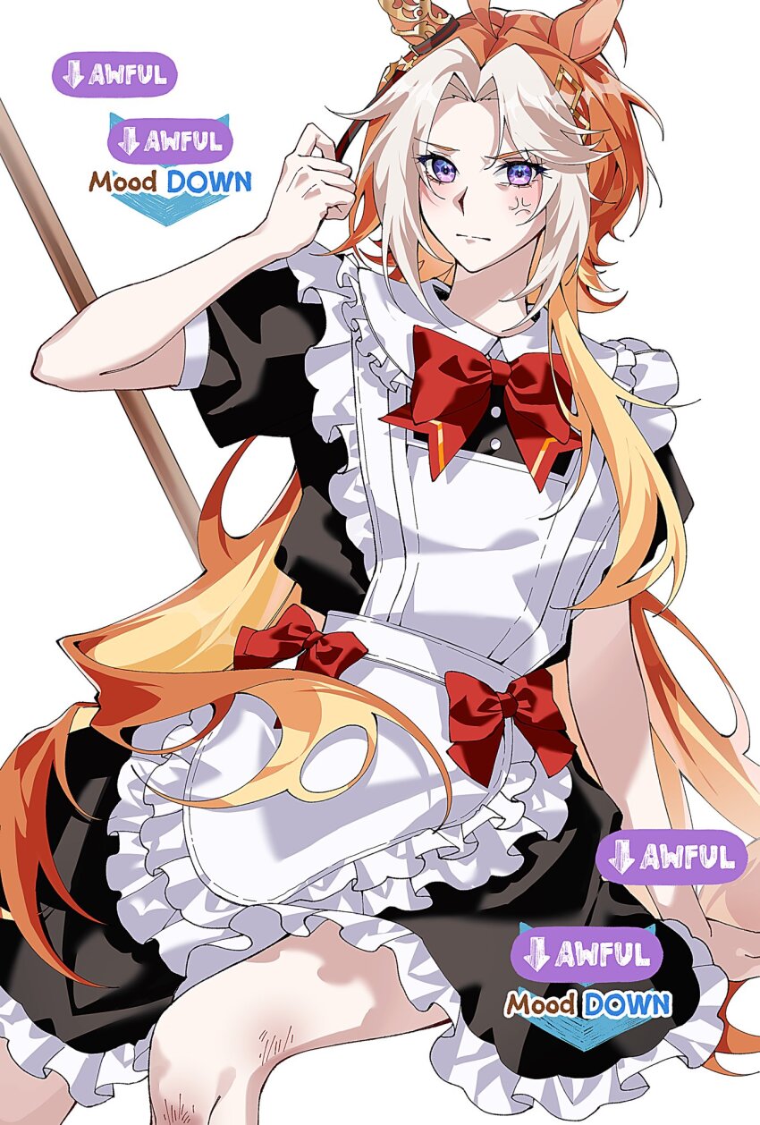 1girl, alternate_costume, anger_vein, apron, bow, commentary, enmaided, gameplay_mechanics