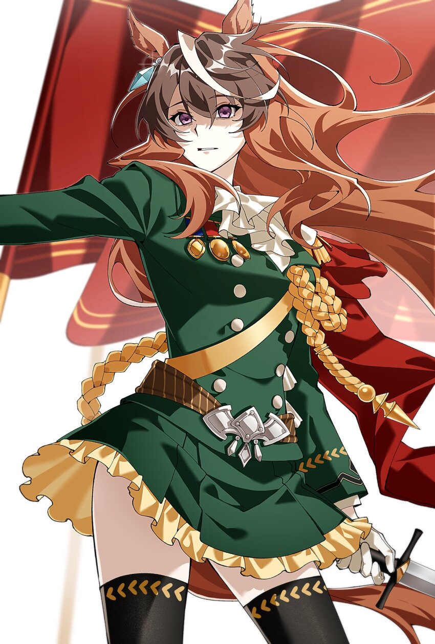 1girl, aiguillette, animal_ears, ascot, black_thighhighs, breasts, brown_hair, buttons