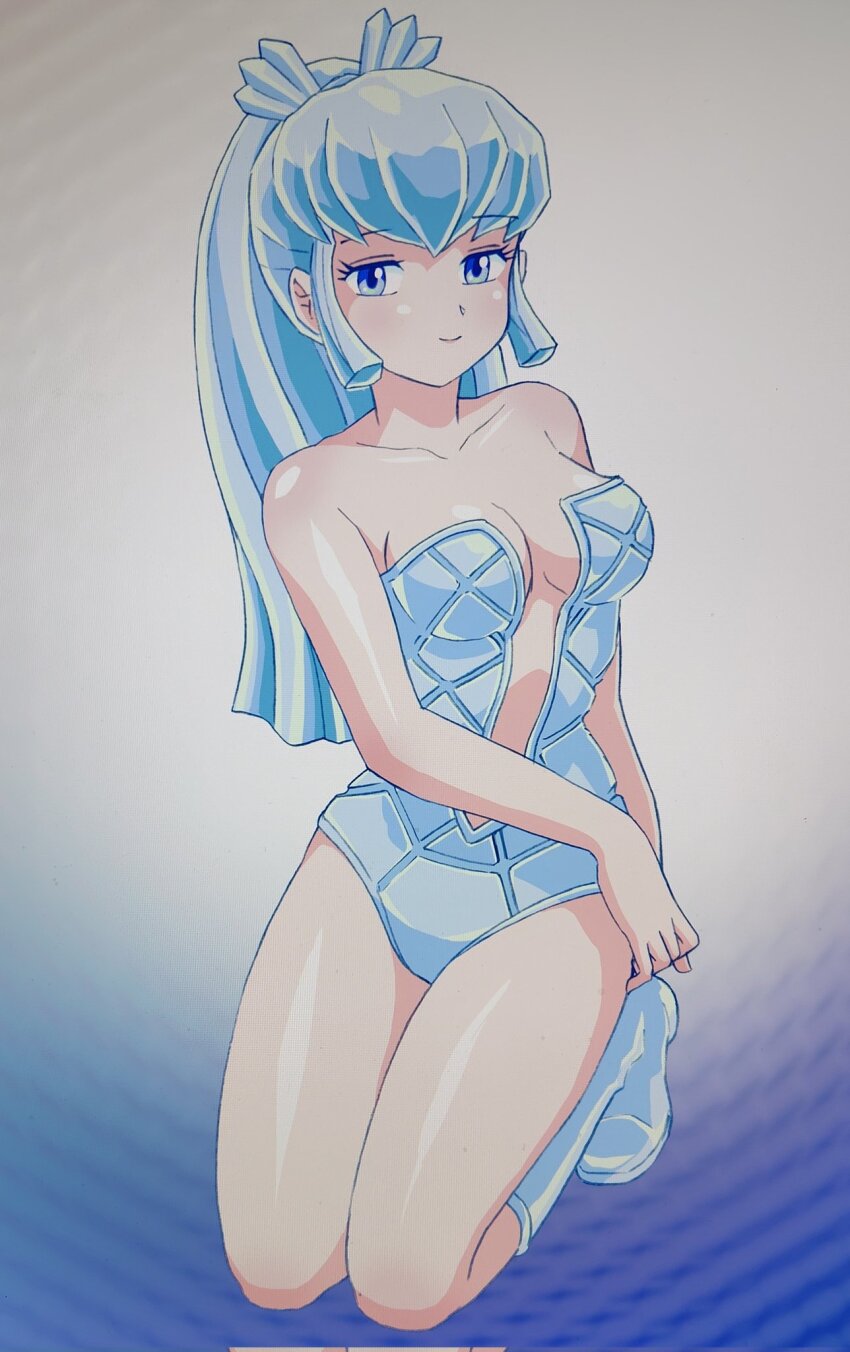 1girl, bare_arms, bare_shoulders, blue_boots, blue_eyes, blue_hair, blue_leotard, boots
