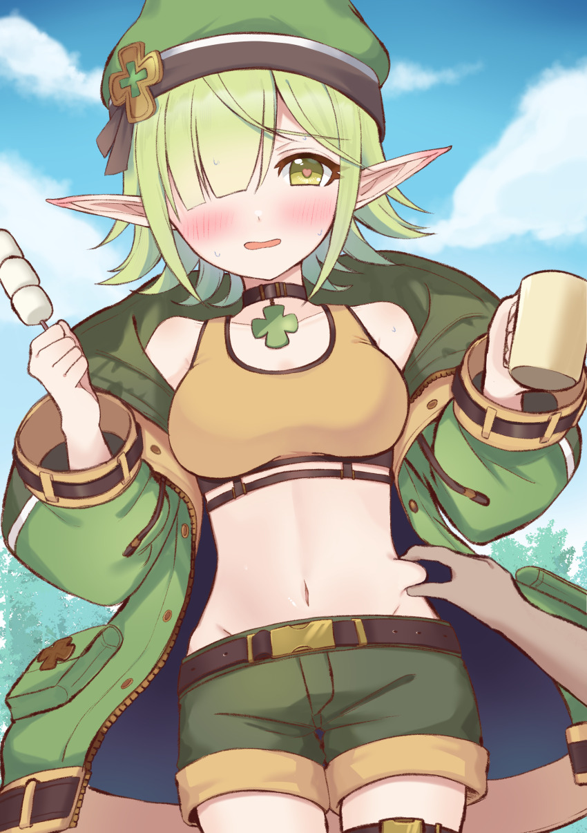 1girl, absurdres, aoi_(camp)_(princess_connect!), aoi_(princess_connect!), beret, blunt_bangs, blush, check_commentary