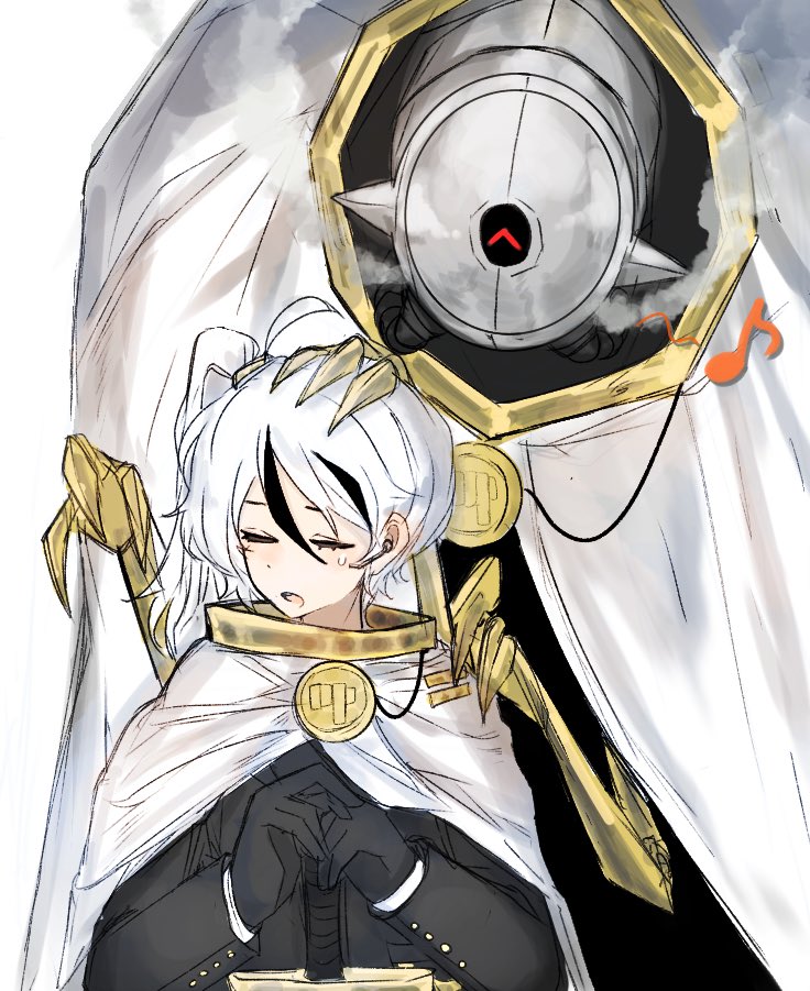 1boy, 1girl, black_gloves, black_hair, black_jacket, cape, claws, closed_eyes