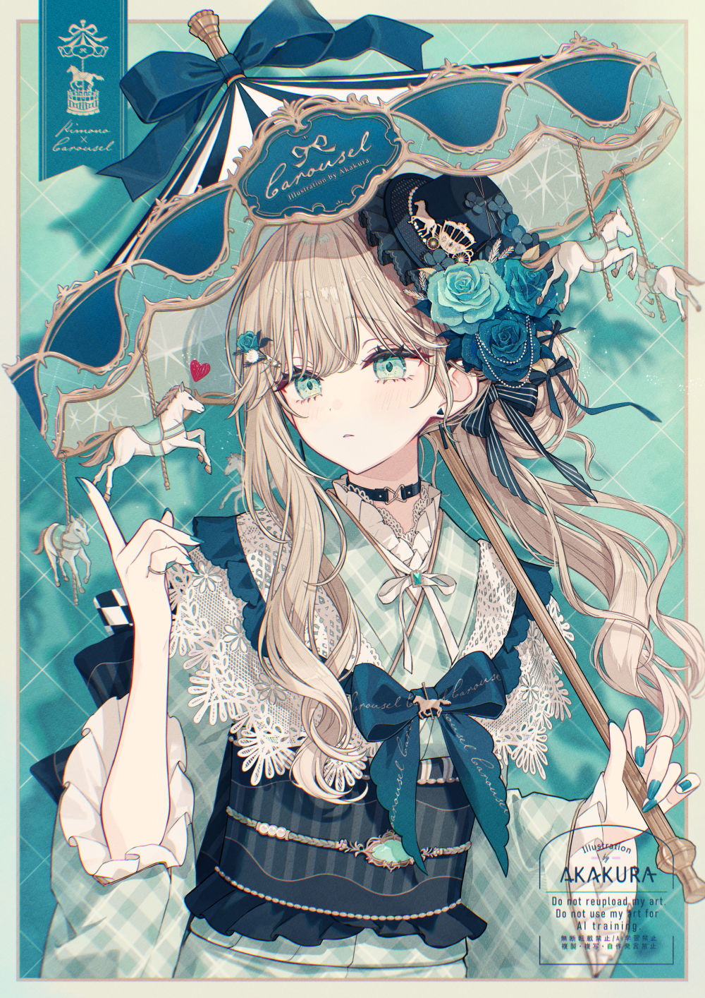 1girl, akakura, aqua_eyes, aqua_kimono, aqua_nails, brown_hair, commentary_request, emma_(akakura), flower, hat, hat_flower, highres, holding, holding_umbrella, index_finger_raised, japanese_clothes, jewelry, kimono, long_hair, long_sleeves, looking_to_the_side, mixed-language_commentary, obi, original, parted_lips, ring, sash, solo, umbrella, upper_body, wide_sleeves