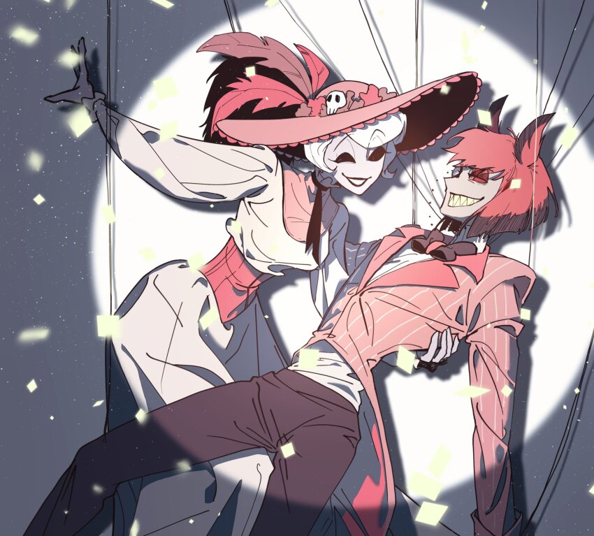 1boy, 1girl, alastor_(hazbin_hotel), black_pants, collared_shirt, commentary, dress, gongja, hazbin_hotel, hellaverse, highres, long_dress, pants, pink_shirt, red_hair, rosie_(hazbin_hotel), shirt, short_hair, white_dress