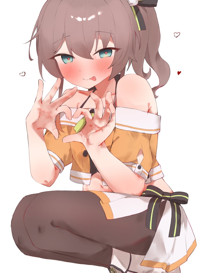 1girl, absurdres, black_pantyhose, blue_eyes, blush, breasts, brown_hair, closed_mouth, commentary, four-finger_heart_hands, heart, heart-shaped_pupils, heart_hands, highres, hololive, looking_at_viewer, natsuiro_matsuri, natsuiro_matsuri_(1st_costume), navel, one_side_up, orange_shirt, pantyhose, shirt, skirt, small_breasts, smile, solo, symbol-shaped_pupils, tepenchi, tongue, tongue_out, virtual_youtuber, white_background, white_skirt